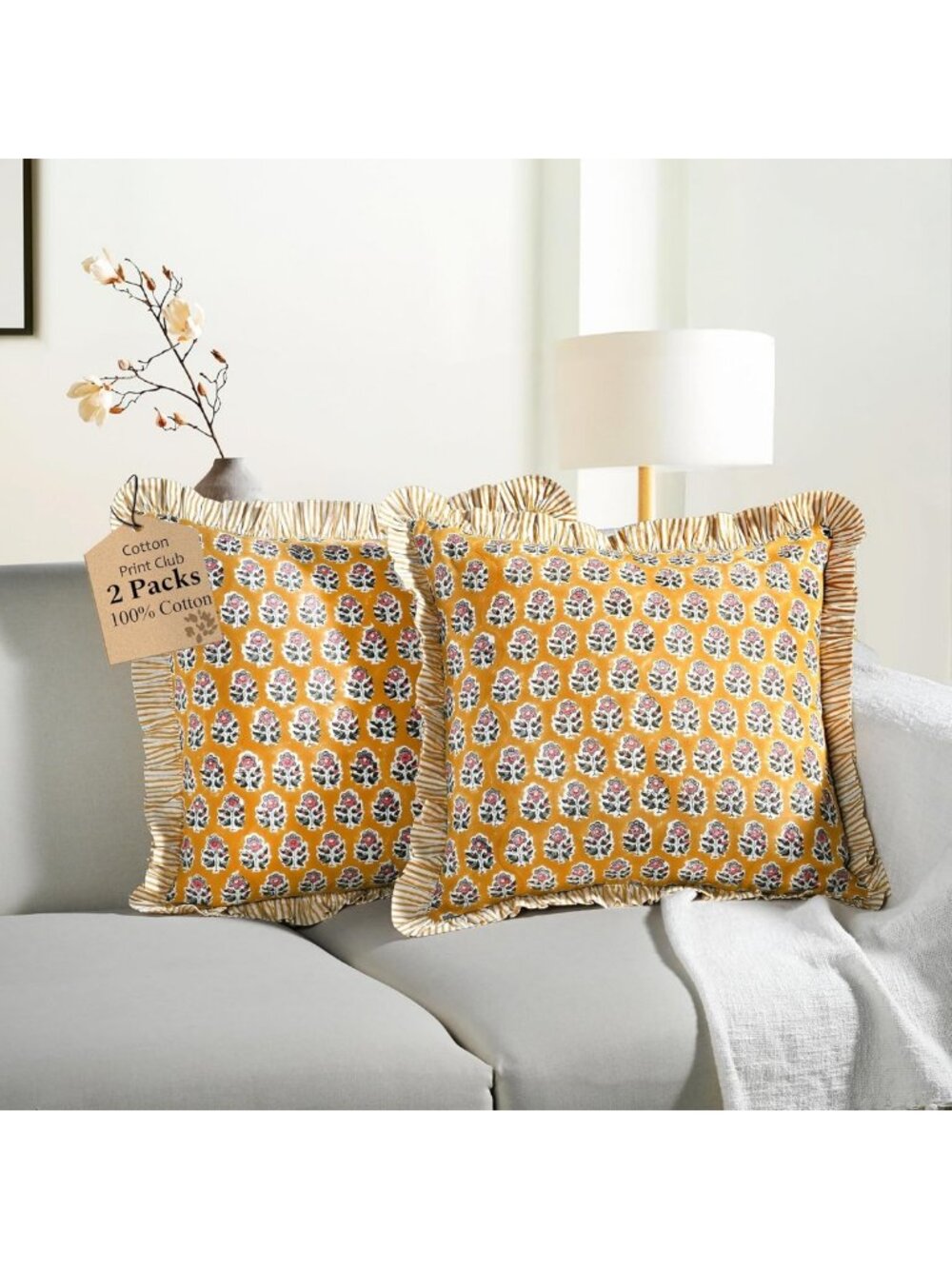 Yellow Citrine Block Print Ruffle Pillow Covers, 24x24 Inch, Set of 2